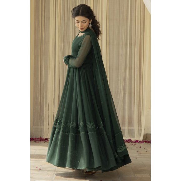 Punjabi pakistani Green Anarkali Kali Daar in Chiffon suit - Picture 1 of 4